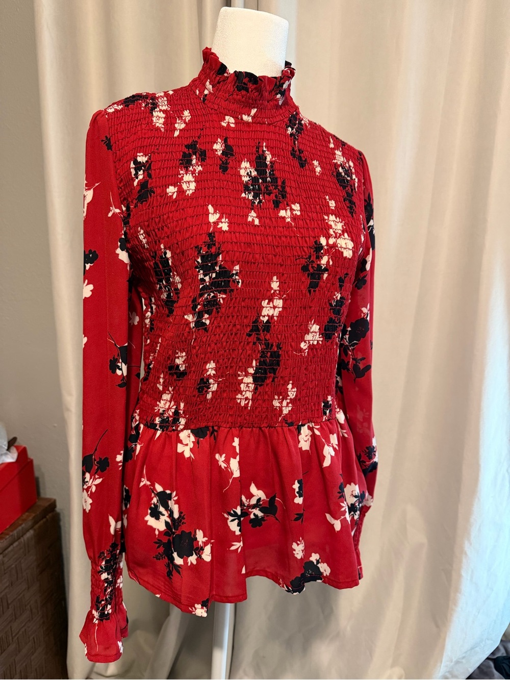 Women's Red Floral Smocked Peplum Top